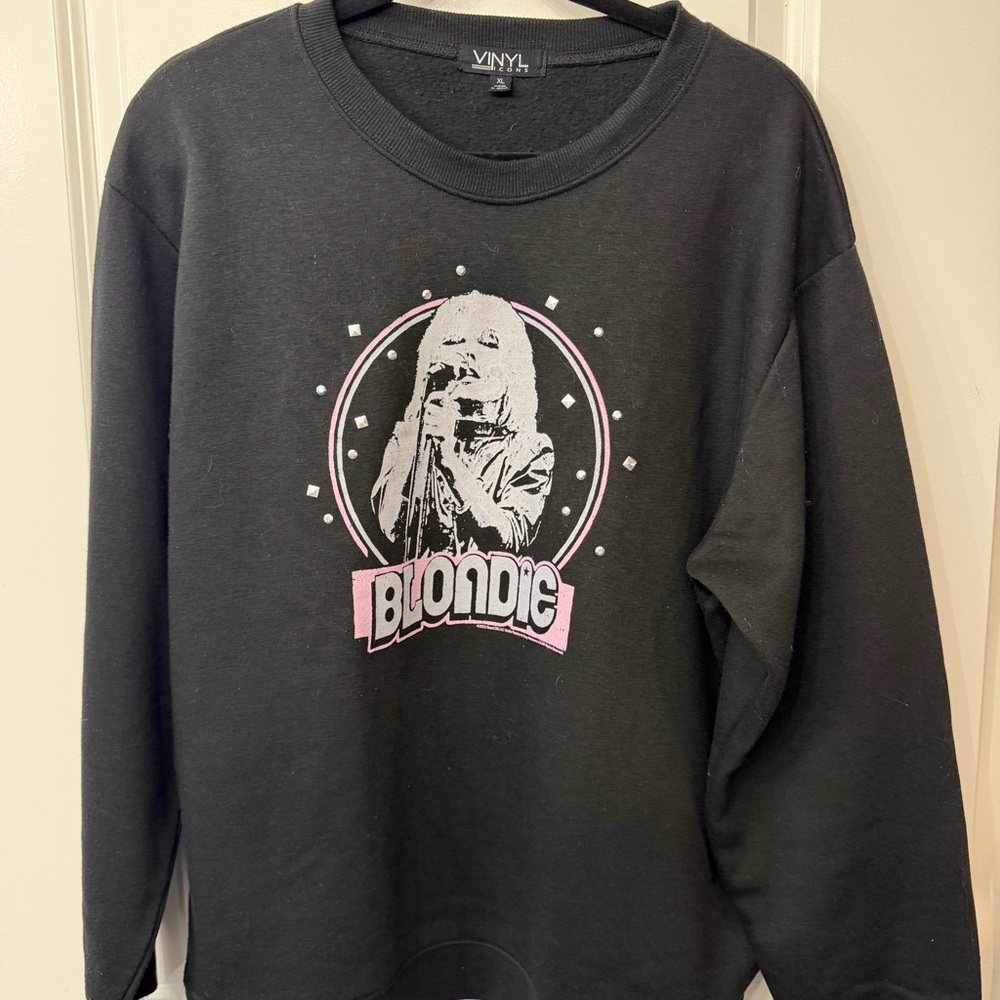 Black Blondie Studded Graphic Sweatshirt with Metal Fringe Detail